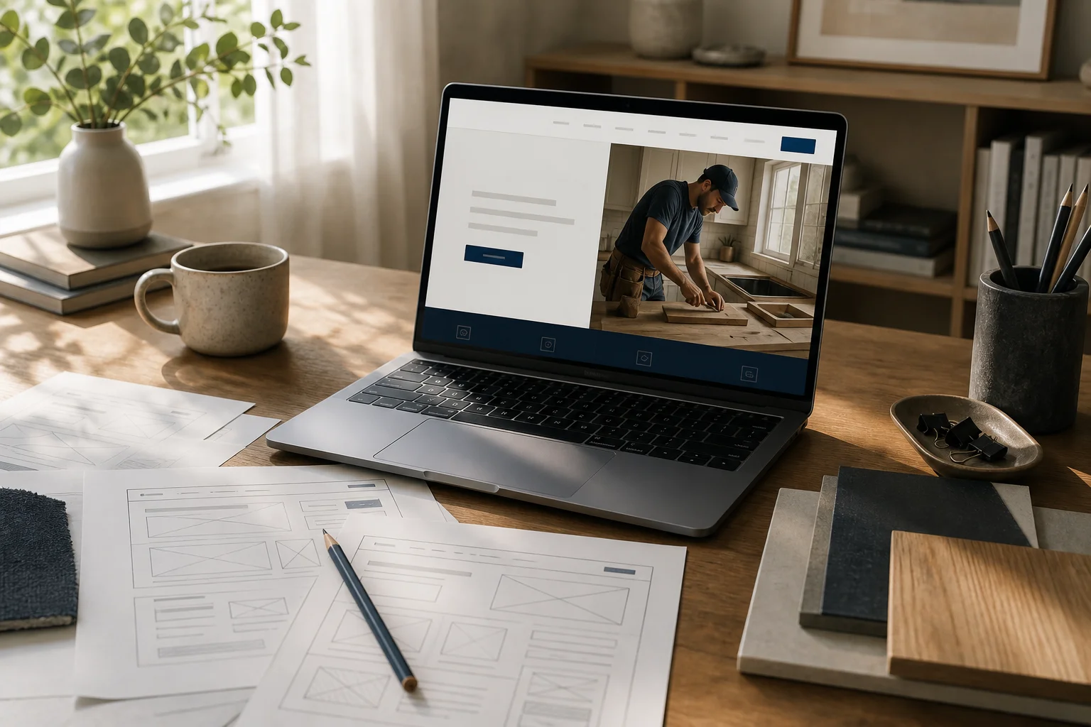 A website designer's laptop displaying a local service business homepage beside printed layout sketches.